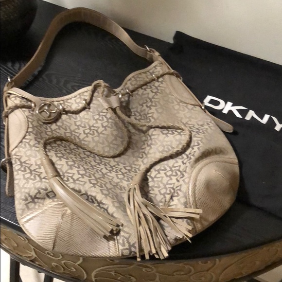 Dkny Handbags - Vintage DKNY Canvas Logo Leather Trim Hobo Bag